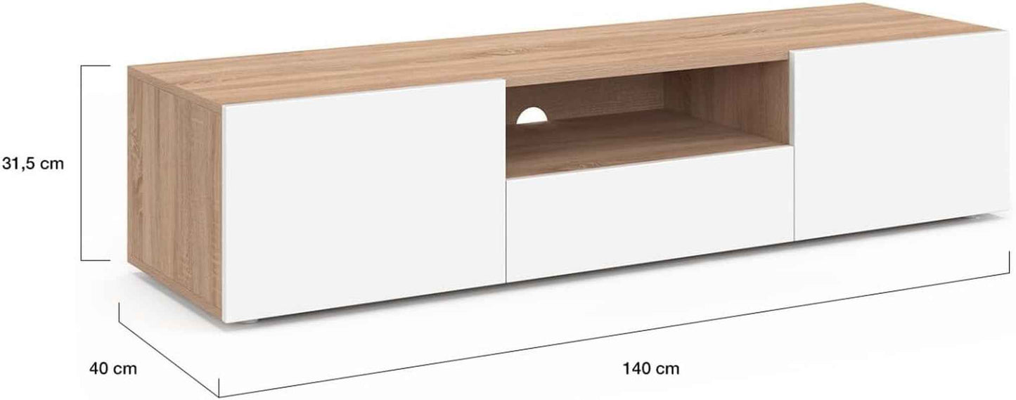 - Meuble TV 140 Cm ELI Bois Façon Hêtre Portes Blanches