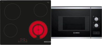 PKF611BB8E- Série 4,Table De Cuisson Vitrocéramique - 4 Foyers - 60 Cm - Puissance 6600 W - Noir & BFL520MS0 Série 4 - Micro-Ondes Intégrable, 60 X 38 Cm, 21 Litres, Inox