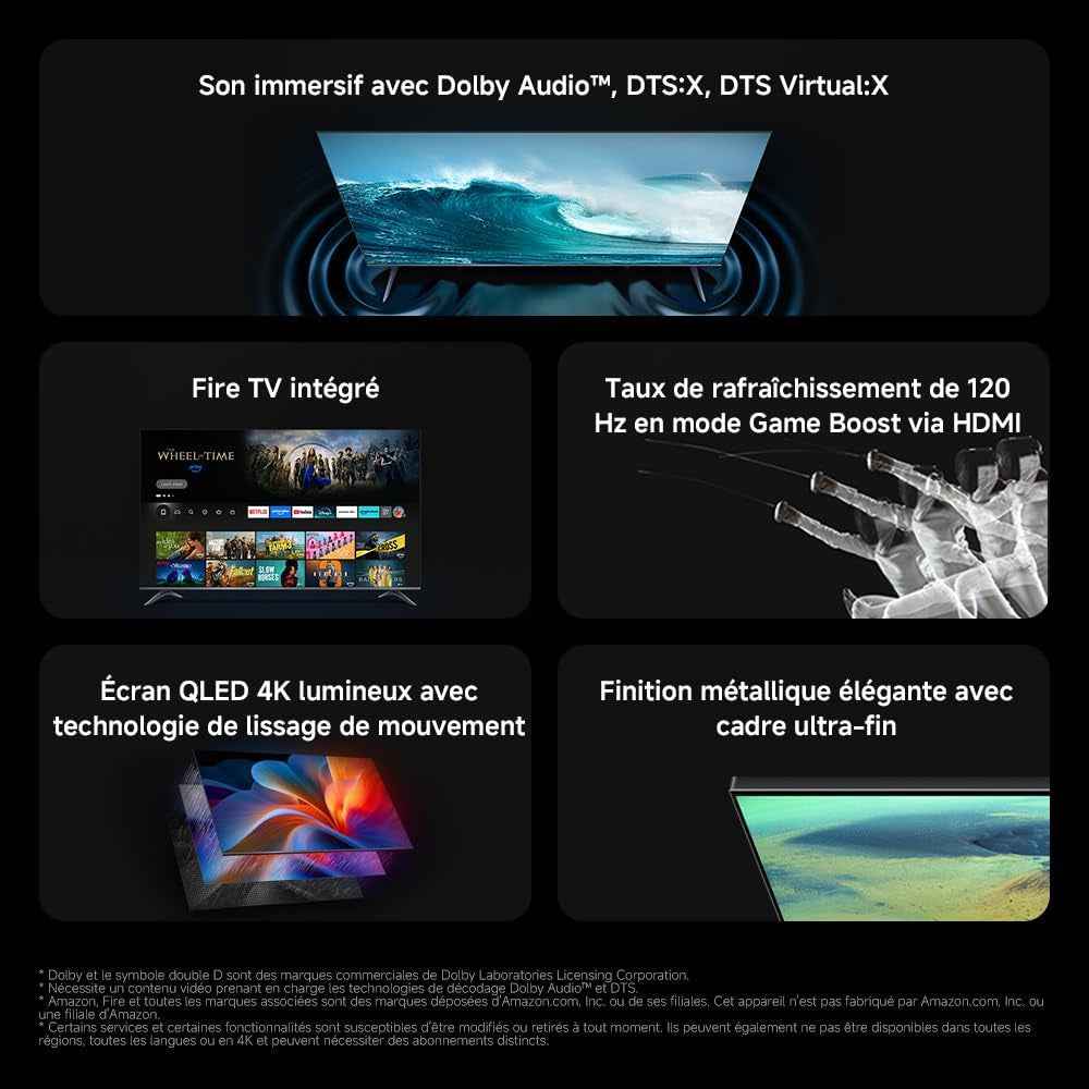 XIAOMI TV F Pro 75, 190 Cm (75 Pouces), 4K UHD QLED, Smart TV, Fire OS8, Contrôle Vocal Alexa, HDR10+, 60Hz Avec 120Hz Game Boost Mode, MEMC, 2Go+32Go, Compatible Avec Apple Airplay