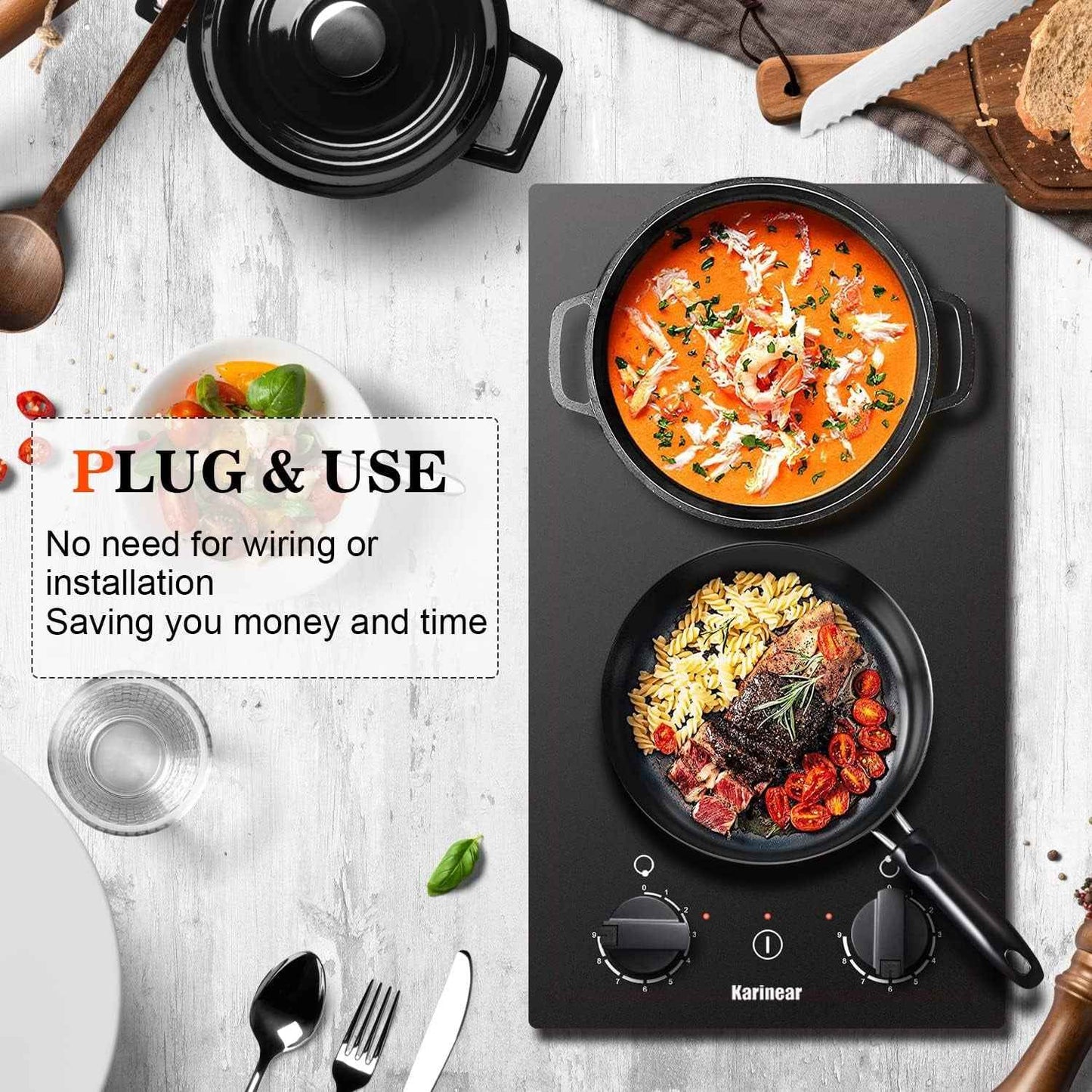Plaque Induction 2 Feux Avec Bouton | Table De Cuisson Induction 30CM Avec Prise, Commande Par Bouton Rotatif, 9 Niveaux, Arrêt Automatique, 3500W, 220V
