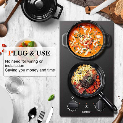 Plaque Induction 2 Feux Avec Bouton | Table De Cuisson Induction 30CM Avec Prise, Commande Par Bouton Rotatif, 9 Niveaux, Arrêt Automatique, 3500W, 220V
