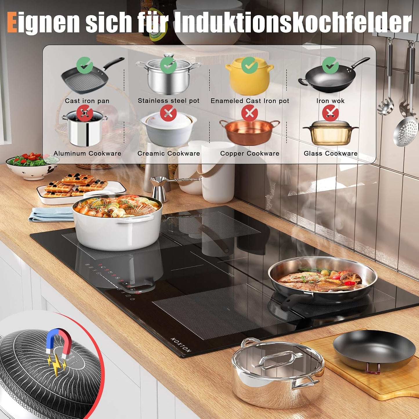Plaque Induction Avec Flexizone, Plaque De Cuisson Electrique 5 Feux | Boost, Verrouillage Enfant, Pause Et Minuterie, 9 Niveaux De Puissance, Encastrable, 77 CM, 7200W, 220-240V, Sans Prise