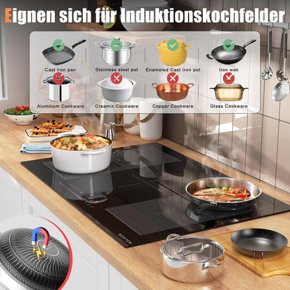 Plaque Induction Avec Flexizone, Plaque De Cuisson Electrique 5 Feux | Boost, Verrouillage Enfant, Pause Et Minuterie, 9 Niveaux De Puissance, Encastrable, 77 CM, 7200W, 220-240V, Sans Prise