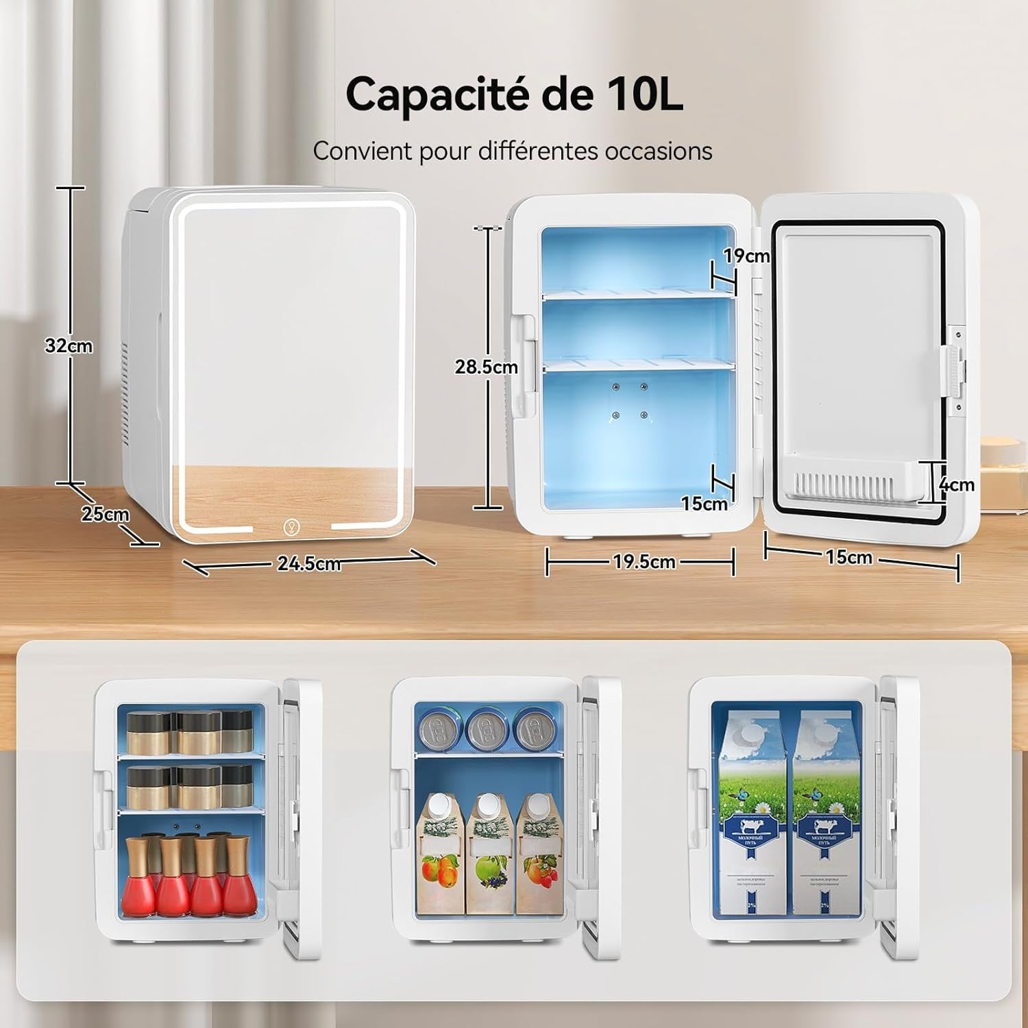 Mini Frigo 10L Avec Miroir LED, Mini Réfrigérateurs Portable, Petit Frigo Cosmetique 12V/220V, Frigo De Chambre Avec Fonction Chaud/Froid, Miroir De Maquillage Led Pour Voitures,Blanc