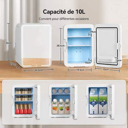 Mini Frigo 10L Avec Miroir LED, Mini Réfrigérateurs Portable, Petit Frigo Cosmetique 12V/220V, Frigo De Chambre Avec Fonction Chaud/Froid, Miroir De Maquillage Led Pour Voitures,Blanc