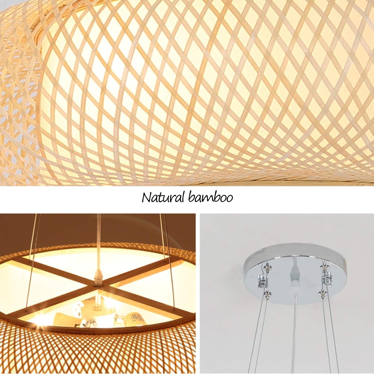 E27 Suspension Rétro Lampes Suspendues Bambou Lustre Naturel Pendentif Lumière Vintage Tressé Abat-Jour Rotin Hauteur Réglable Éclairage Salon Café Plafonnier,60Cm