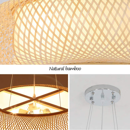 E27 Suspension Rétro Lampes Suspendues Bambou Lustre Naturel Pendentif Lumière Vintage Tressé Abat-Jour Rotin Hauteur Réglable Éclairage Salon Café Plafonnier,60Cm
