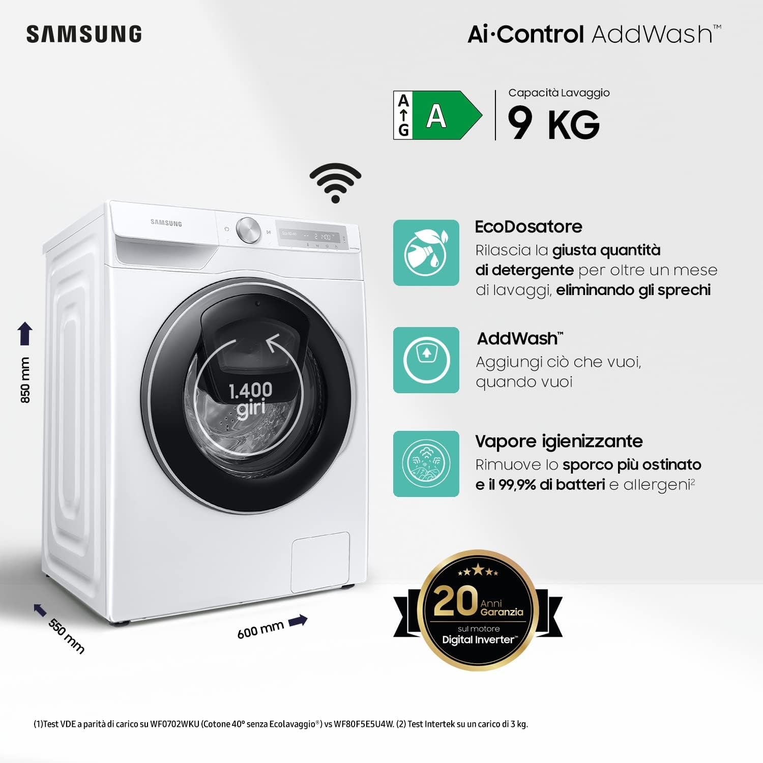 Ai Control Addwash Lave-Linge Avec Échodoseur WW90T684DLH/S3, Libre Installation, 9 Kg, 1400 Tr/Min, Classe A, Wifi, Vapeur, 60 L X 85 H X 55P Cm, Blanc