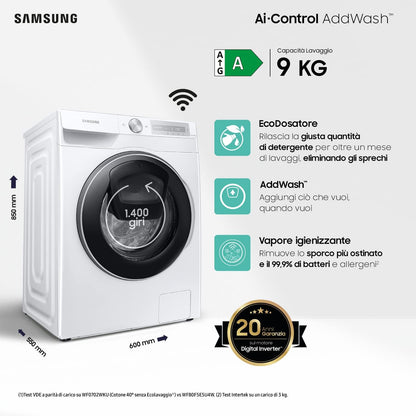 Ai Control Addwash Lave-Linge Avec Échodoseur WW90T684DLH/S3, Libre Installation, 9 Kg, 1400 Tr/Min, Classe A, Wifi, Vapeur, 60 L X 85 H X 55P Cm, Blanc