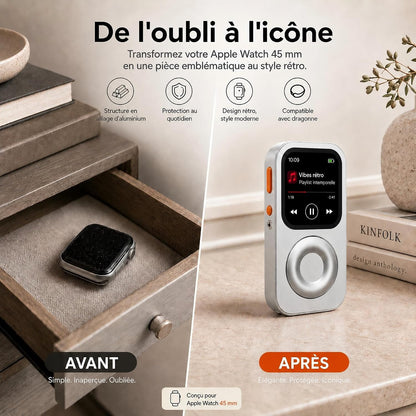 Coque De Protection En Alliage D'Aluminium Style Rétro Ipod Pour Apple Watch Series 7/8/9, Avec Molette De Clic, Kit Music Player Compatible Avec Airpods, Pour Iwatch 45 Mm