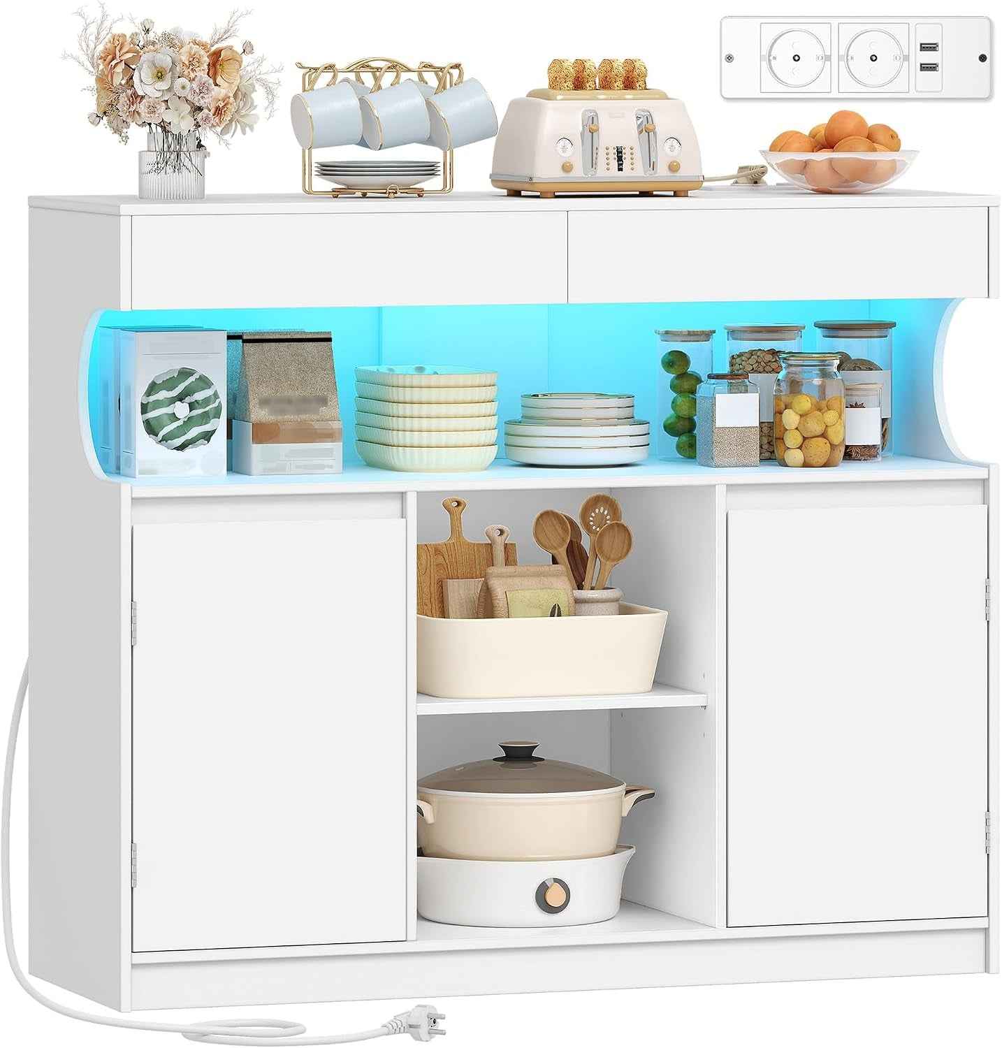Meuble Cuisine, Buffet, Avec Multiprise Et Éclairage LED | Meuble De Rangement, 2 Tiroirs Et 2 Portes, Placard, Cuisine, Salon, 35 X 100 X 85 Cm, Blanc SC64903X
