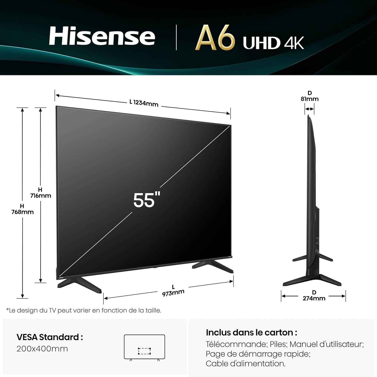 Hisense 55 Inch Smart TV 55A6Q 4K UHD, Dolby Vision, HDR, VIDAA with Youtube, Netflix, Disney+, Channel +(2025 Model)