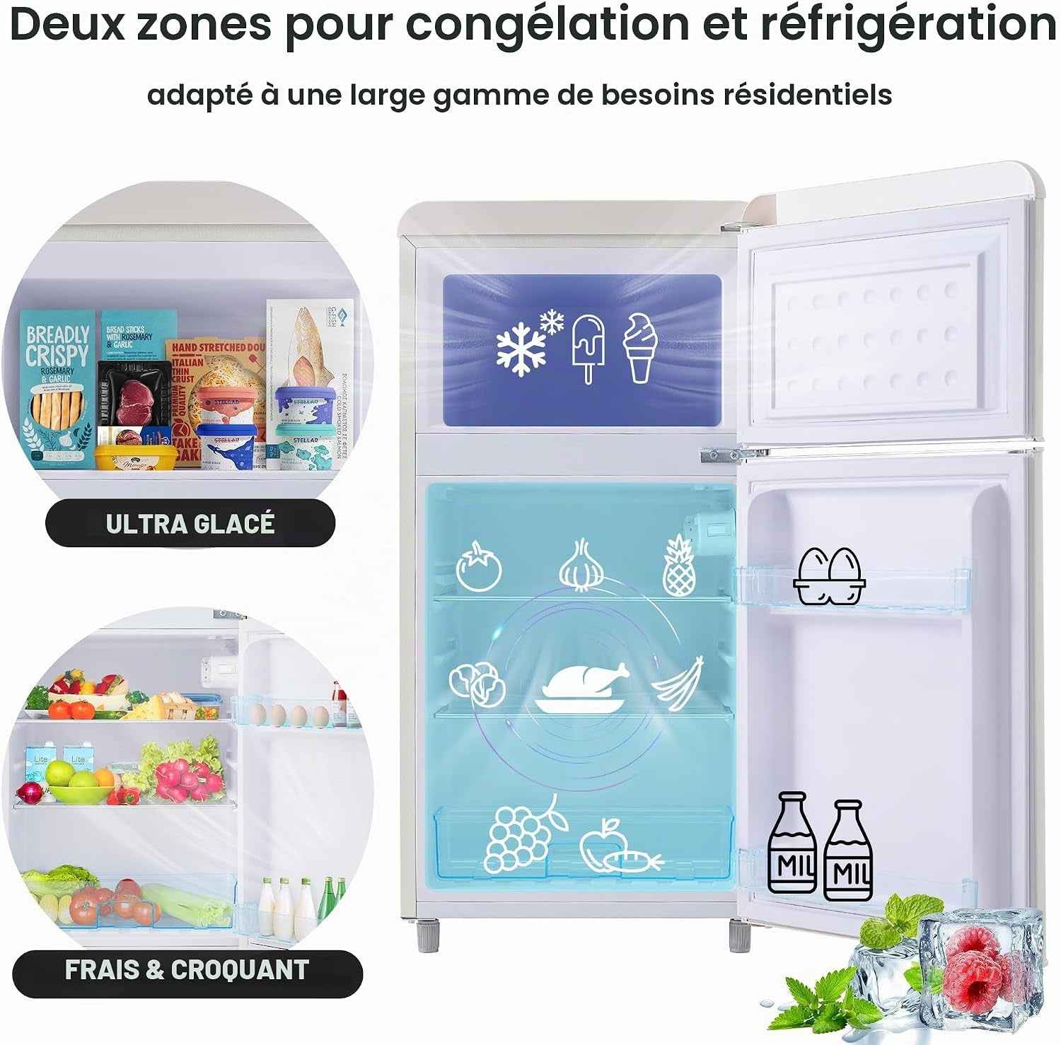 Réfrigérateur Rétro À Double Porte, 72 Litres, Avec Compartiment Congélateur De 21 Litres, 120 Kwh/An, Éclairage LED - Blanc