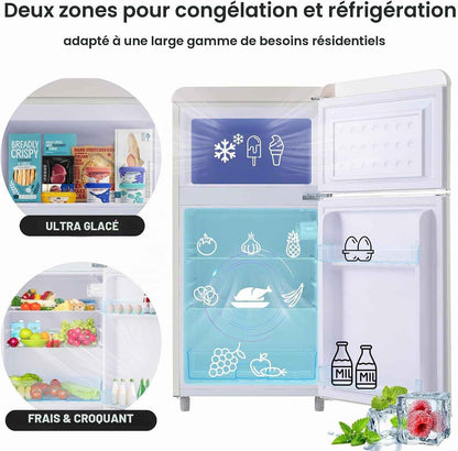 Réfrigérateur Rétro À Double Porte, 72 Litres, Avec Compartiment Congélateur De 21 Litres, 120 Kwh/An, Éclairage LED - Blanc