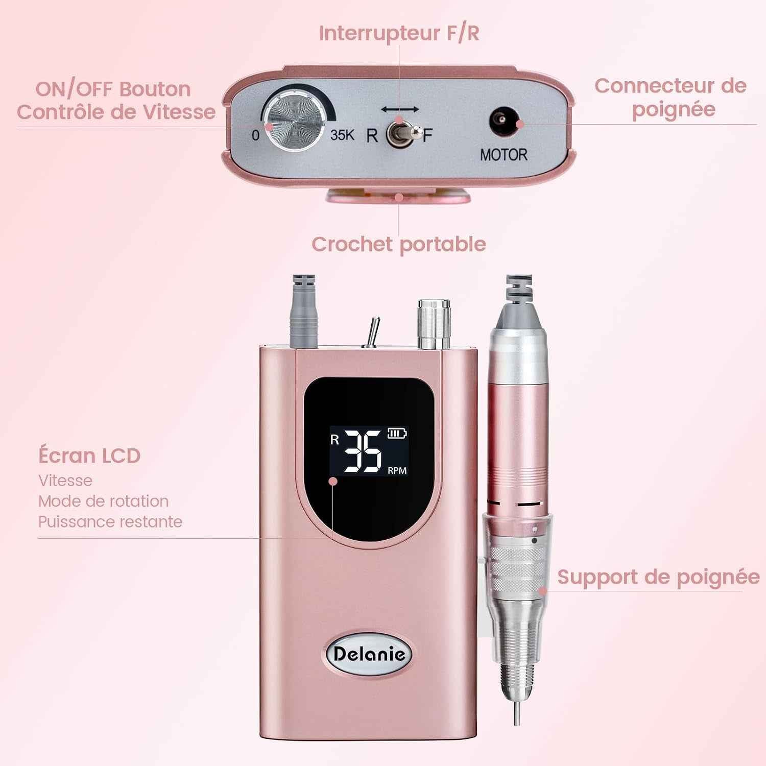 Ponceuse Pour Ongles Professionnelle 35000 RPM Portable Rechargeable Avec Affichage LCD Et 6 Embouts Ponçage Pour Pédicure Manucure, Puissante, Silencieuse Pour Salon/Maison