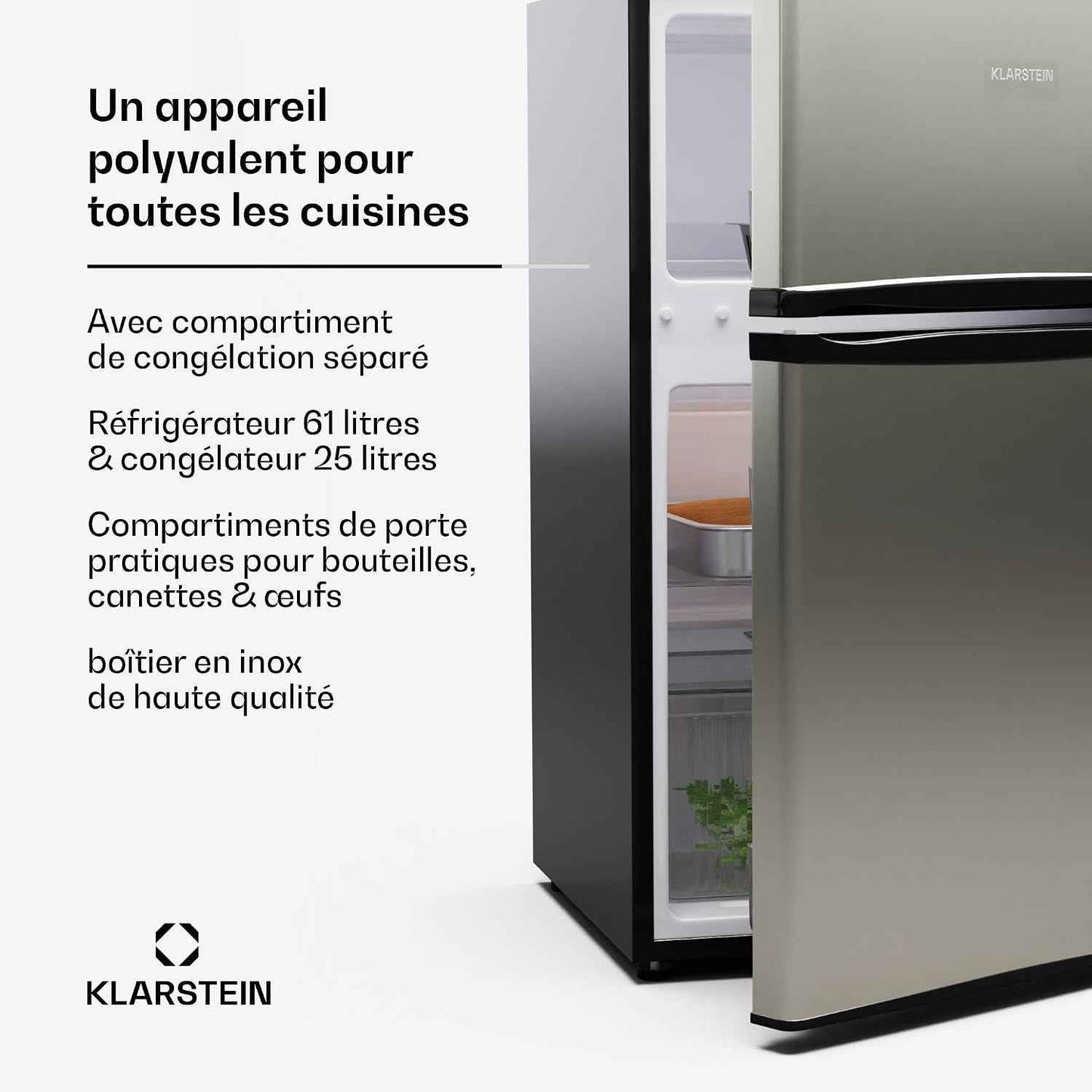 KLARSTEIN Big Daddy Cool - Frigo Réfrigérateur, Réfrigérateur Combiné, Compartiment Bouteilles, Bac Légumes, Eclairage Intérieur, Look Moderne, Nettoyage Facile, Pieds Réglables, 86 L - Argent