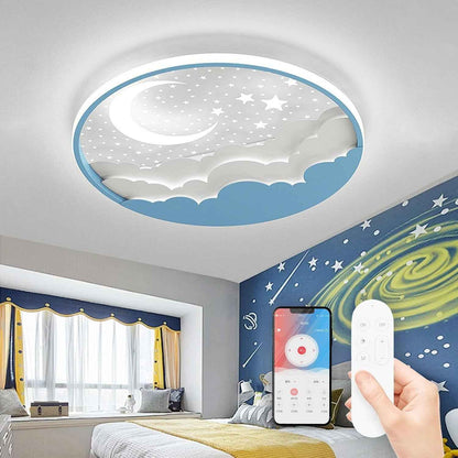 LED Plafonnier Pour Enfants, Créative Étoile Et Lune Lampe De Plafond Enfants, Dimmable Acrylique Plafonnier Avec Télécommande, 3000-6000K, Moderne Filles Garçons Chambre Lampe,Bleu,50Cm