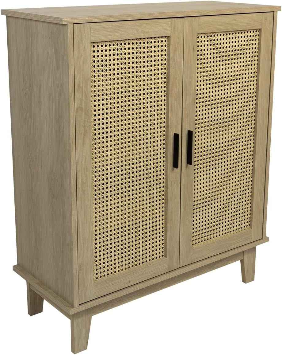 - Buffet - 80 X 34 X 96Cm - Cannage, Bois - 2 Portes - Rangement Élégant Et Pratique - Salon, Salle À Manger, Cuisine - Style Naturel Et Bohème