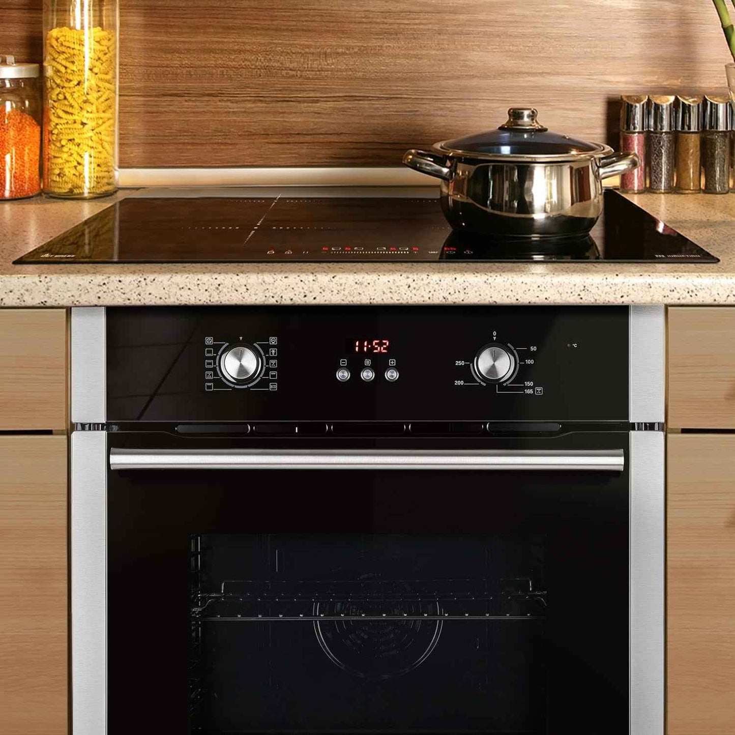 Cuisinière: 60Cm Four Encastrable BO8805SS + 77Cm Plaque Induction IH87704RL | Gril | Air Chaud | Timer Automatique | Double Vitrage D'Isolation Thermique | Sécurité Enfant | SET8805IH877RL