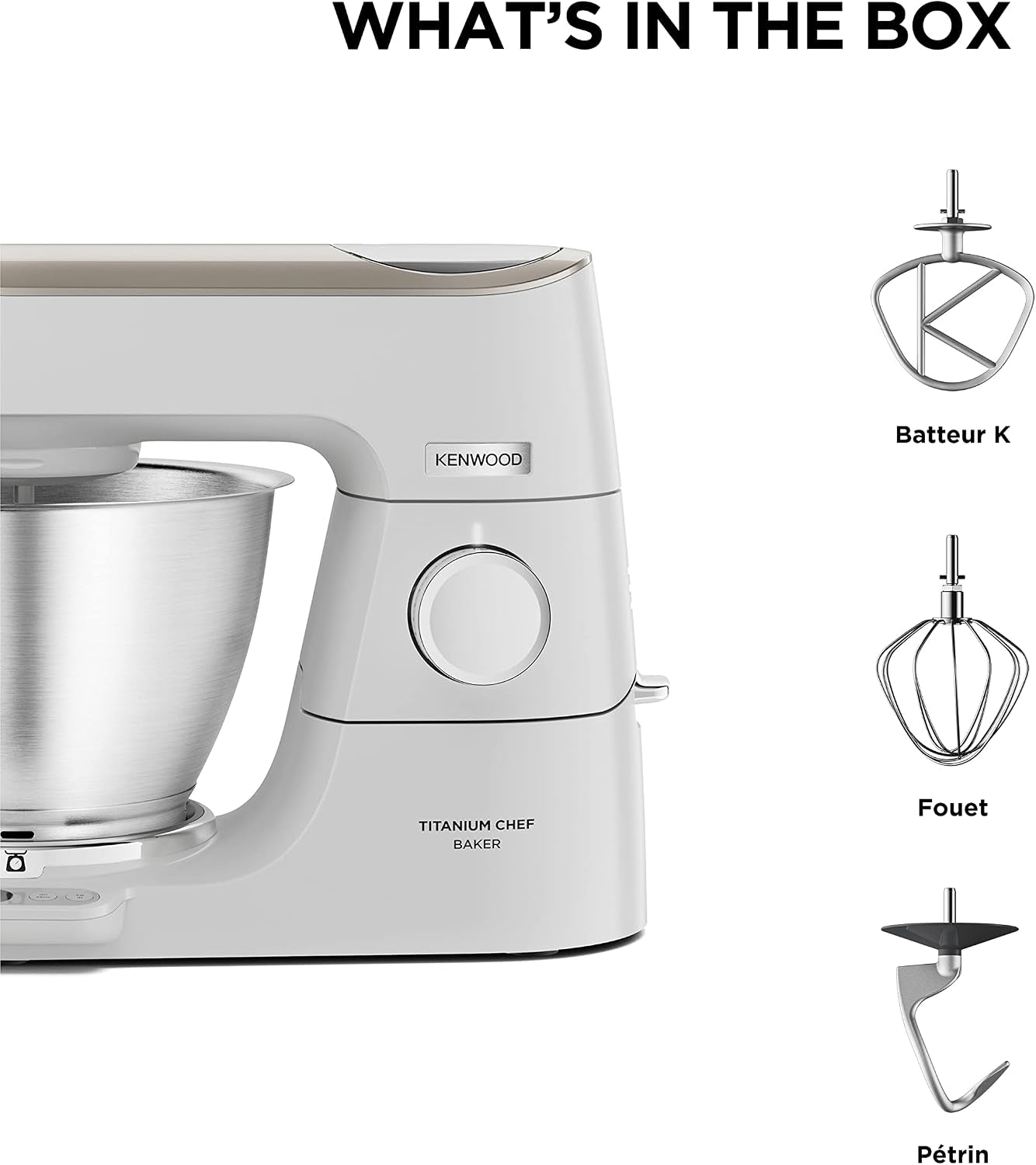 Kenwood Titanium Chef Baker KVC65.001WH, Robot Patissier Avec Balance Intégrée, Incl. Ensemble Pâtisserie 3 Pièces, Spatule & Protection Éclaboussures, 1200W, Blanc