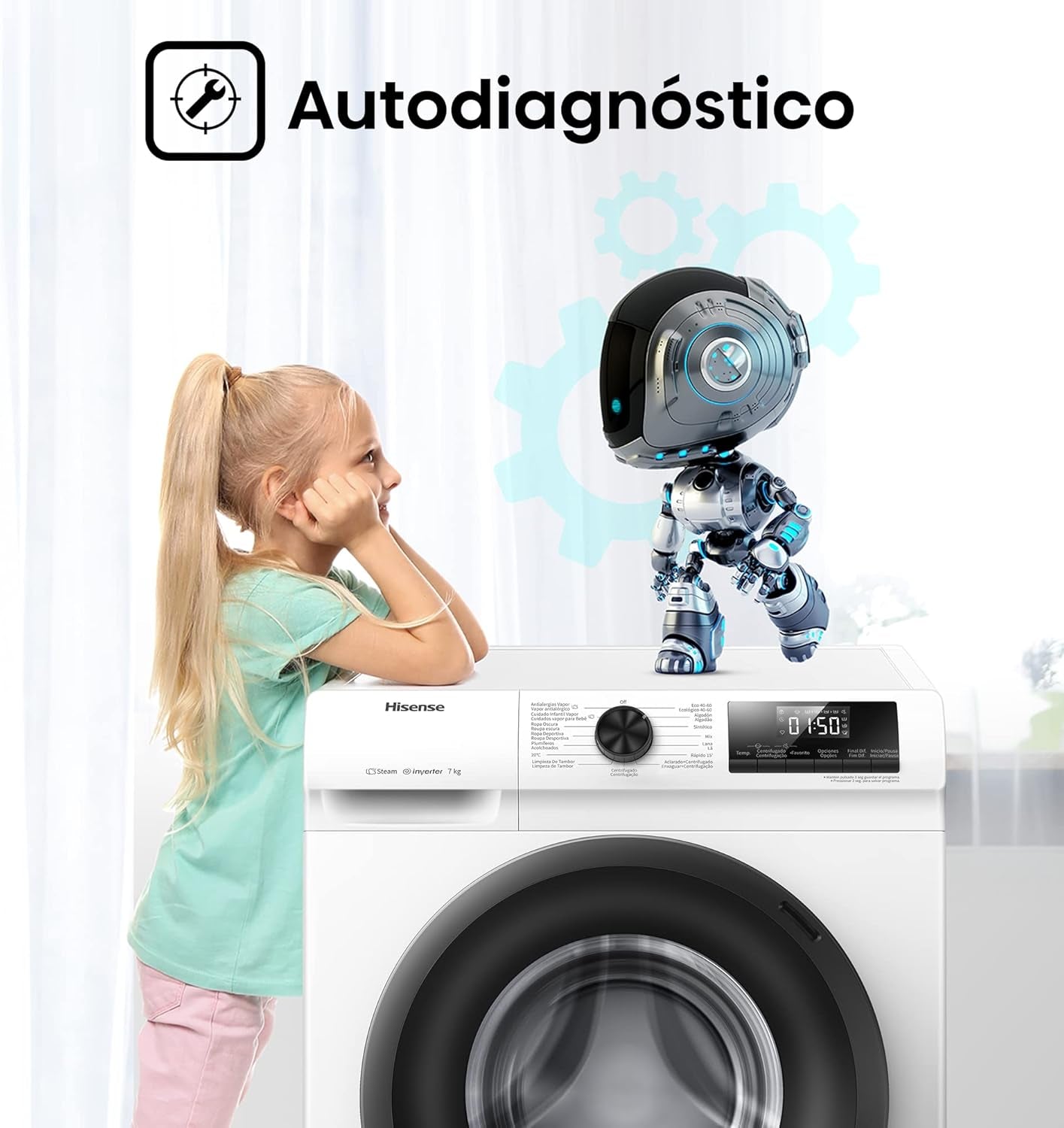 Hisense WFQP7012EVM - Machine À Laver À Vapeur Efficace, Moteur Inverter, Charge Frontale 7 Kg, 1200 Tr/Min, 15 Programmes, Contrôle De Balancement Intelligent Du Tambour, Affichage LED, Programme