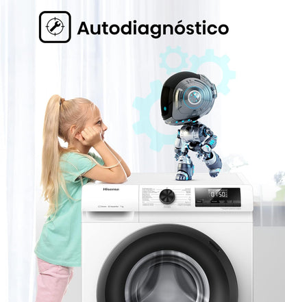 Hisense WFQP7012EVM - Machine À Laver À Vapeur Efficace, Moteur Inverter, Charge Frontale 7 Kg, 1200 Tr/Min, 15 Programmes, Contrôle De Balancement Intelligent Du Tambour, Affichage LED, Programme