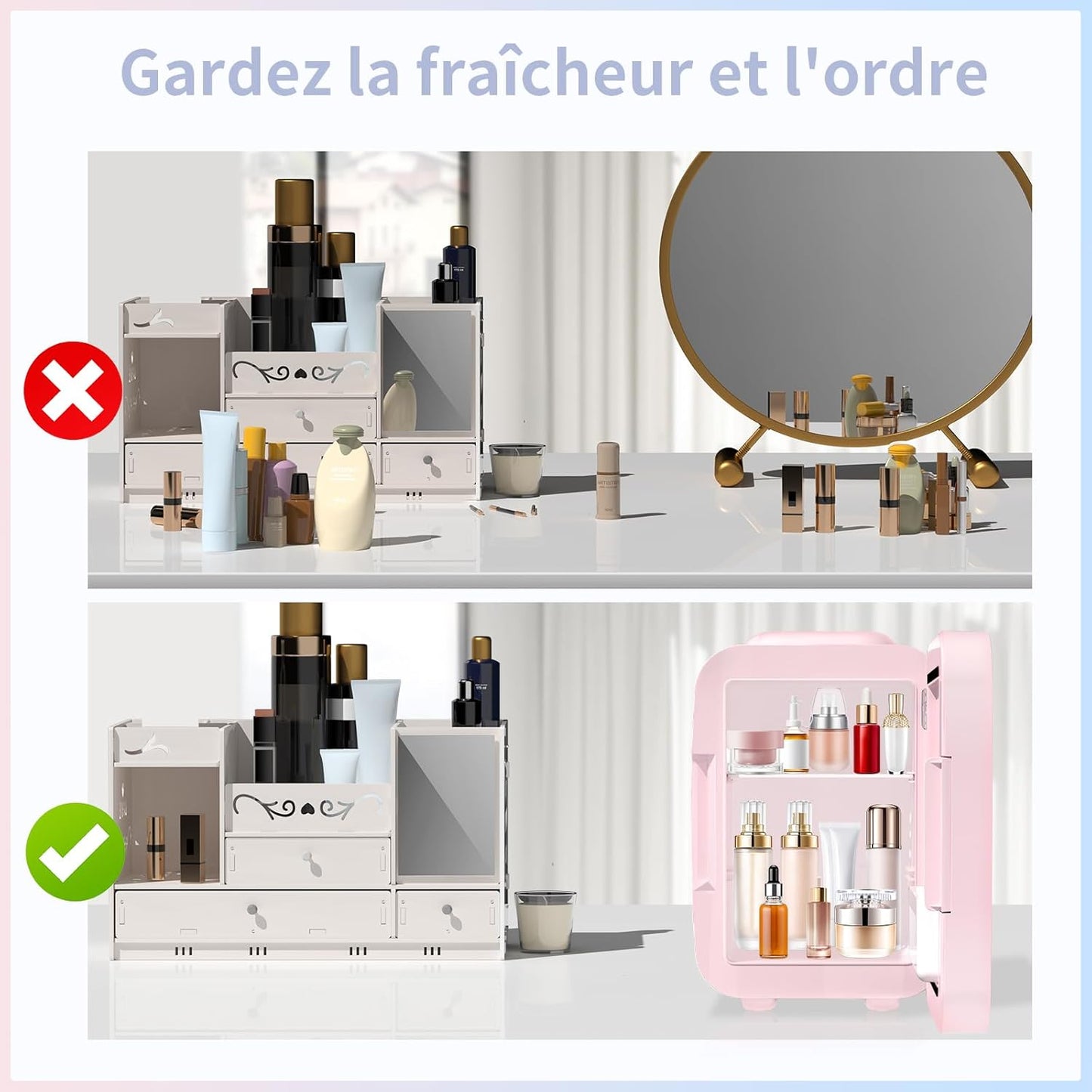 Mini Frigo Pour Chambre, Frigo Skincare Avec Miroir LED, Petit Frigo De 4L Portable, Thermoelectrique Chauffe & Refroidisseur 220V AC / 12V DC Pour Voiture, Bureau, Dortoir (Rose)