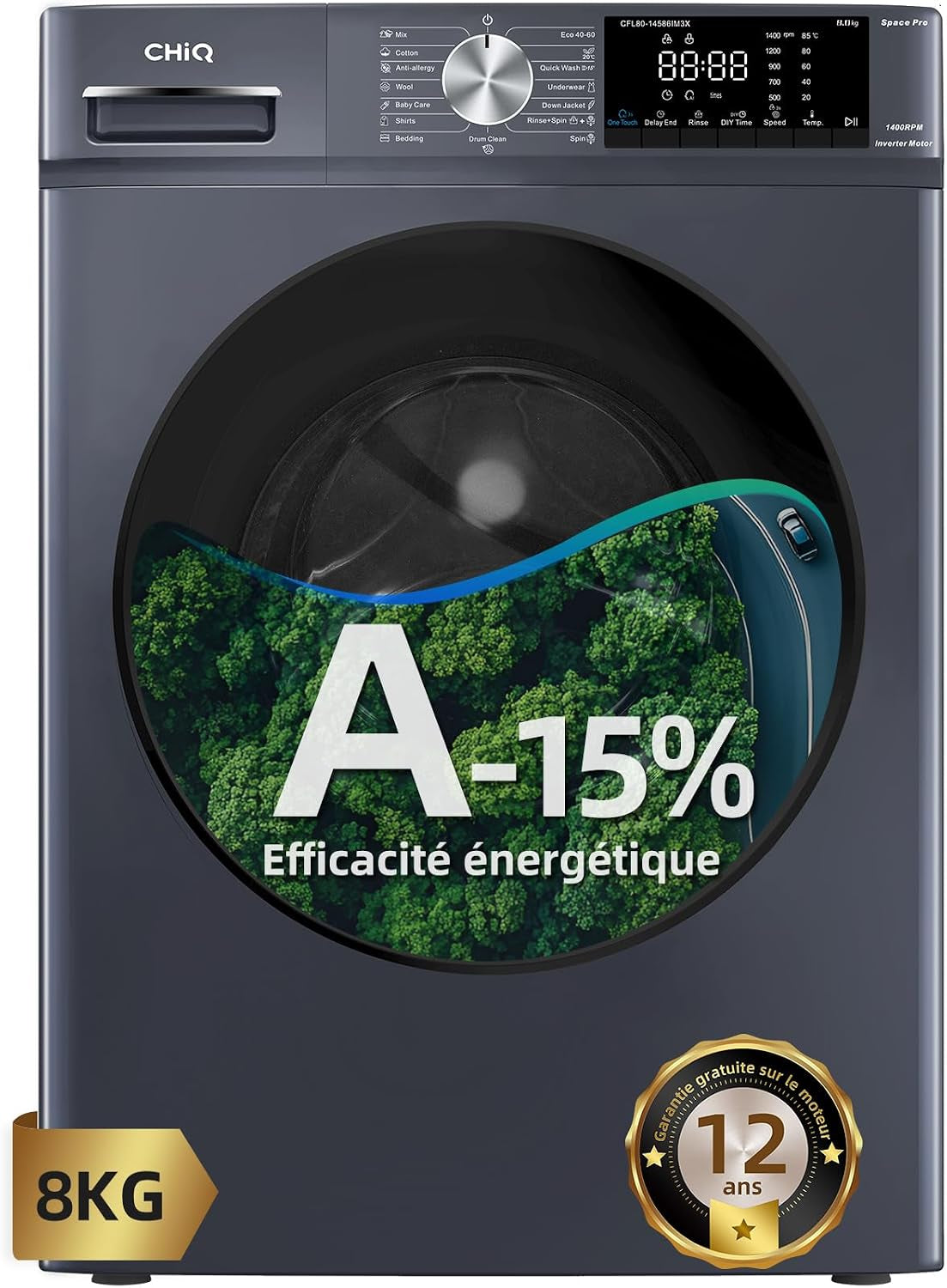 8Kg Lave-Linge Avec Classe A-15% & Smart One Touch Gris | Lavage Vapeur, Programme Literie, Baby Care, Doudoune, Moteur Inverter, 1400 T/Min, 520Mm, 76Db, CFL80-14586IM3XA