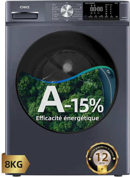 8Kg Lave-Linge Avec Classe A-15% & Smart One Touch Gris | Lavage Vapeur, Programme Literie, Baby Care, Doudoune, Moteur Inverter, 1400 T/Min, 520Mm, 76Db, CFL80-14586IM3XA