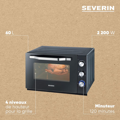 Four Posable XXL À Chaleur Tournante 60 L Avec Pierre À Pizza Et Tournebroche 2 200 W Design Simple Et Élégant, Four Électrique Avec Minuteur 120 Min, Noir/Inox, to 2073