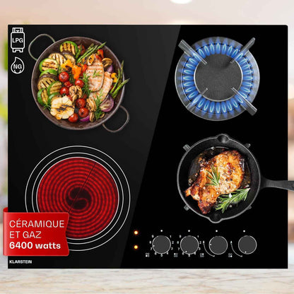Plaque De Cuisson Gaz Et Vitrocéramique 4 Feux, Table De Cuisson À Gaz, Plaque Et Vitro De 6.4Kw En Acier Inoxydable, De Vitroceramique Encastrable, Mixte