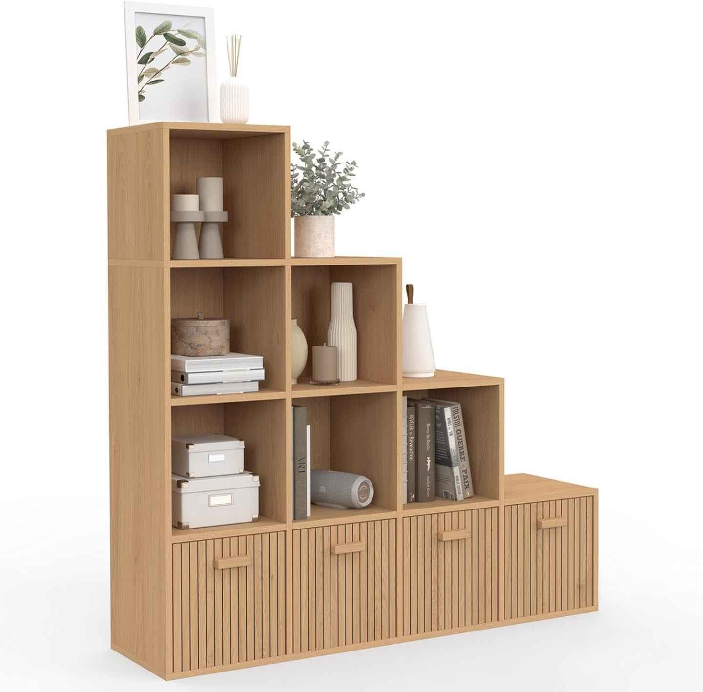- Meuble De Rangement En Escalier LORYS Effet Lattes Juliette | 4 Niveaux Avec 4 Tiroirs En Tissu