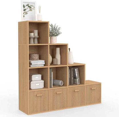 - Meuble De Rangement En Escalier LORYS Effet Lattes Juliette | 4 Niveaux Avec 4 Tiroirs En Tissu