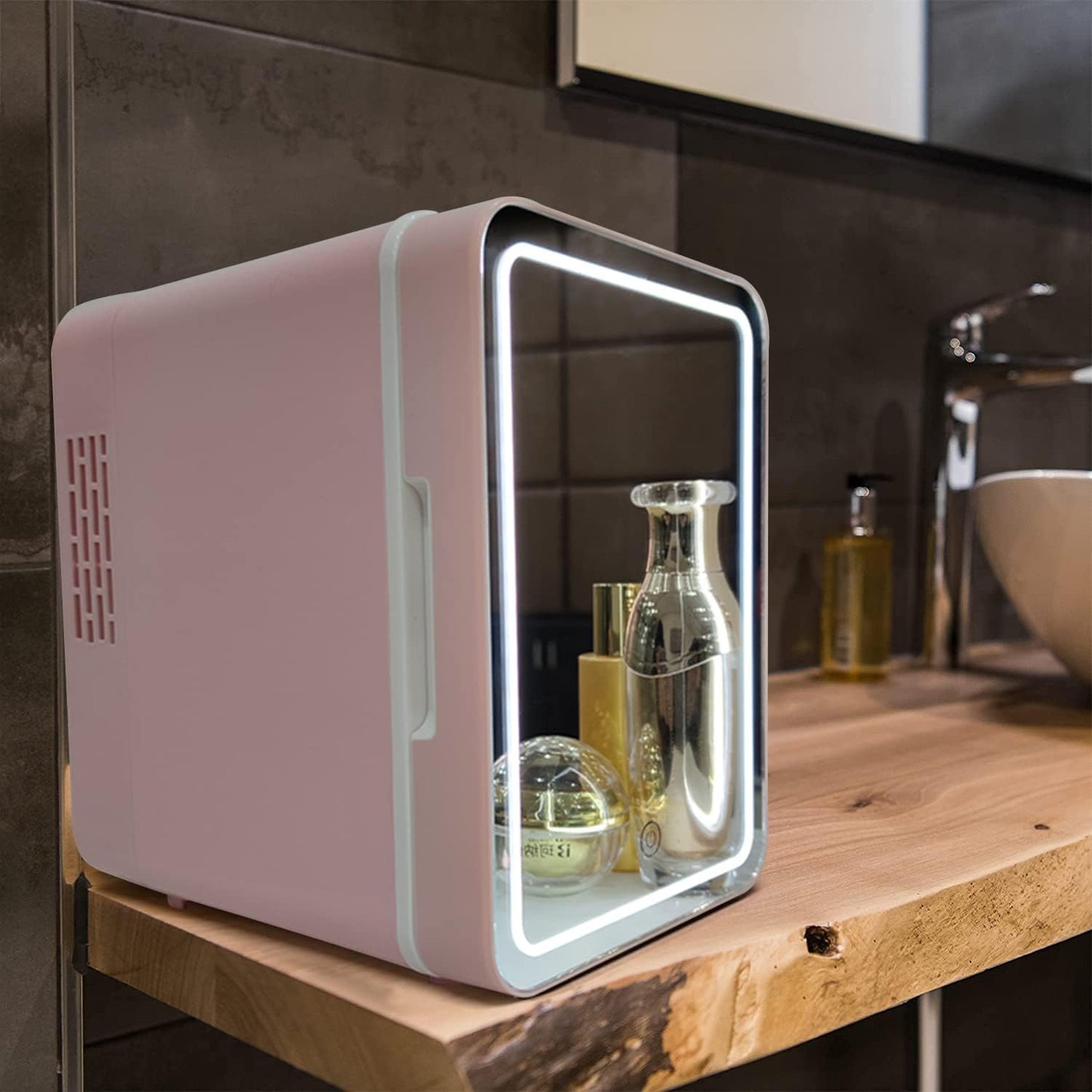 Olvy Réfrigérateur Cosmétique 4 Litres, Mini Frigo, Mini Réfrigérateur Portable Avec Miroir LED, Petit Réfrigérateur Pour Soins De La Peau, Skincare Fridge, Rose