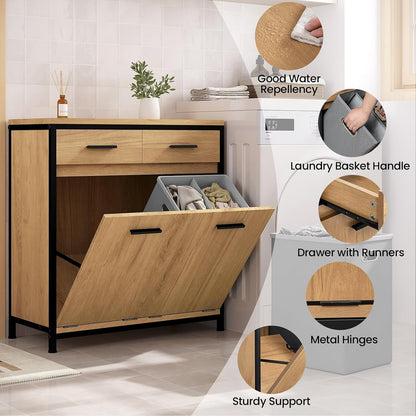 Meuble De Salle De Bain, Placard De Rangement, Avec Sac Intérieur Amovible Avec Poignées, 40 X 78,9 X 80,2 Cm, 2 Tiroirs Et 2 Paniers À Linge, Meuble De Rangement, Chêne Clair + Noir, 0233WY