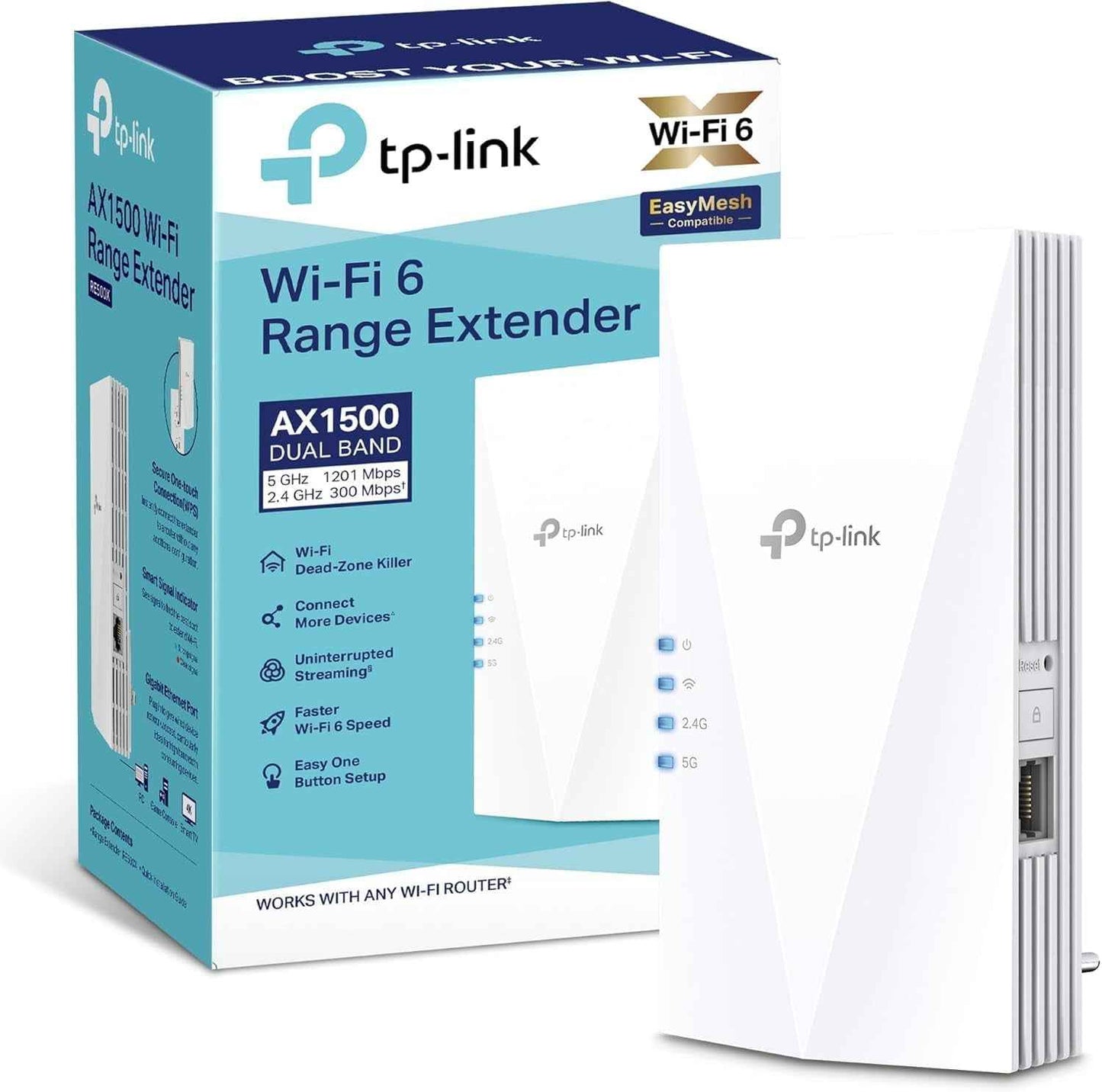 Répéteur Wifi 6 Puissant 1500 Mbps, Port Gigabit, RE500X | Compatible Toutes Box, Profitez D'Une Connexion Rapide Wifi 6 Jusqu'À 100 M², Idéale Pour Le Streaming HD & Le Télétravail