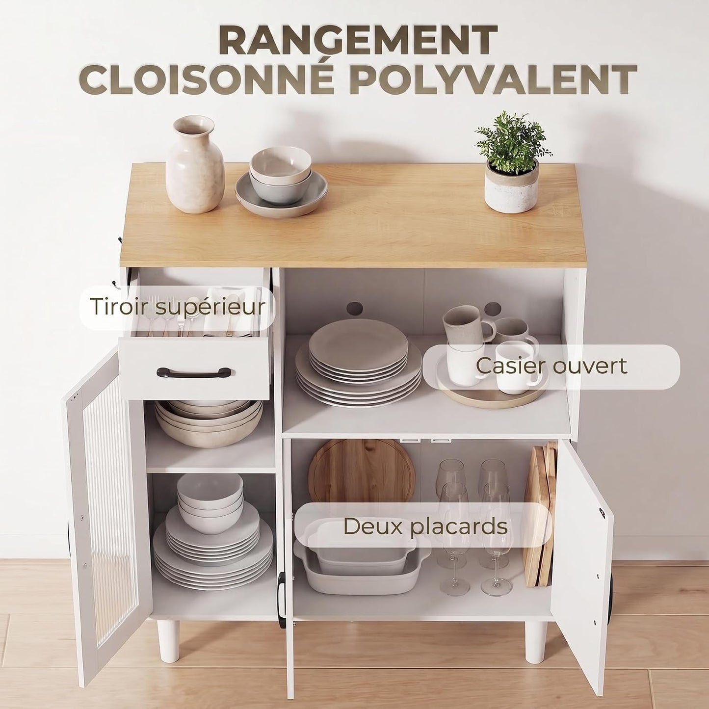 Buffet Cuisine 1 Tiroir 3 Portes 80 X 34 X 91 Cm Blanc Et Chêne | Meuble De Rangement, 1 Porte En Acrylique Cannelée, Étagère Ouverte, Style Moderne, Pour Salon Et Chambre