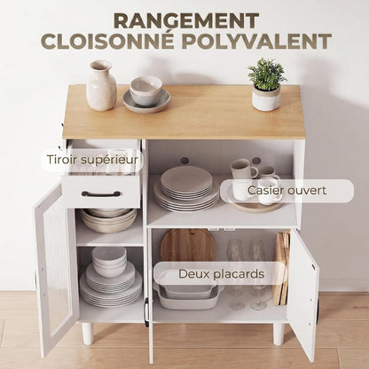 Buffet Cuisine 1 Tiroir 3 Portes 80 X 34 X 91 Cm Blanc Et Chêne | Meuble De Rangement, 1 Porte En Acrylique Cannelée, Étagère Ouverte, Style Moderne, Pour Salon Et Chambre