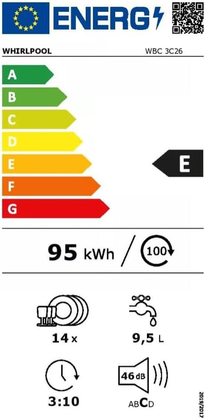 Lave Vaisselle Encastrable 60 Cm Whirlpool WBC3C26B - Lave Vaisselle Integrable Bandeau Noir - Classe Énergétique A++ / Affichage Temps Restant - Départ Différé