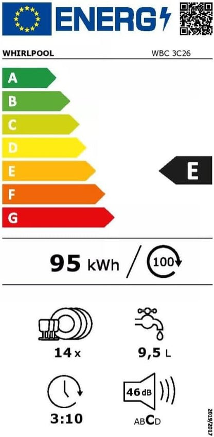 Lave Vaisselle Encastrable 60 Cm Whirlpool WBC3C26B - Lave Vaisselle Integrable Bandeau Noir - Classe Énergétique A++ / Affichage Temps Restant - Départ Différé