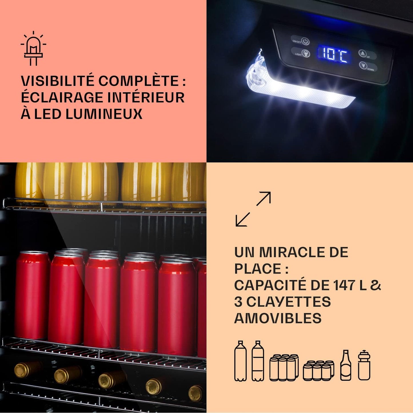Beersafe Réfrigérateur À Boissons 147 L – Frigo Avec Porte Vitrée, Noir | Éclairage LED, Étagères Métalliques Amovibles, Silencieux, Pour Boissons Et Canettes