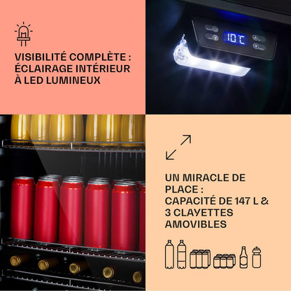 Beersafe Réfrigérateur À Boissons 147 L – Frigo Avec Porte Vitrée, Noir | Éclairage LED, Étagères Métalliques Amovibles, Silencieux, Pour Boissons Et Canettes