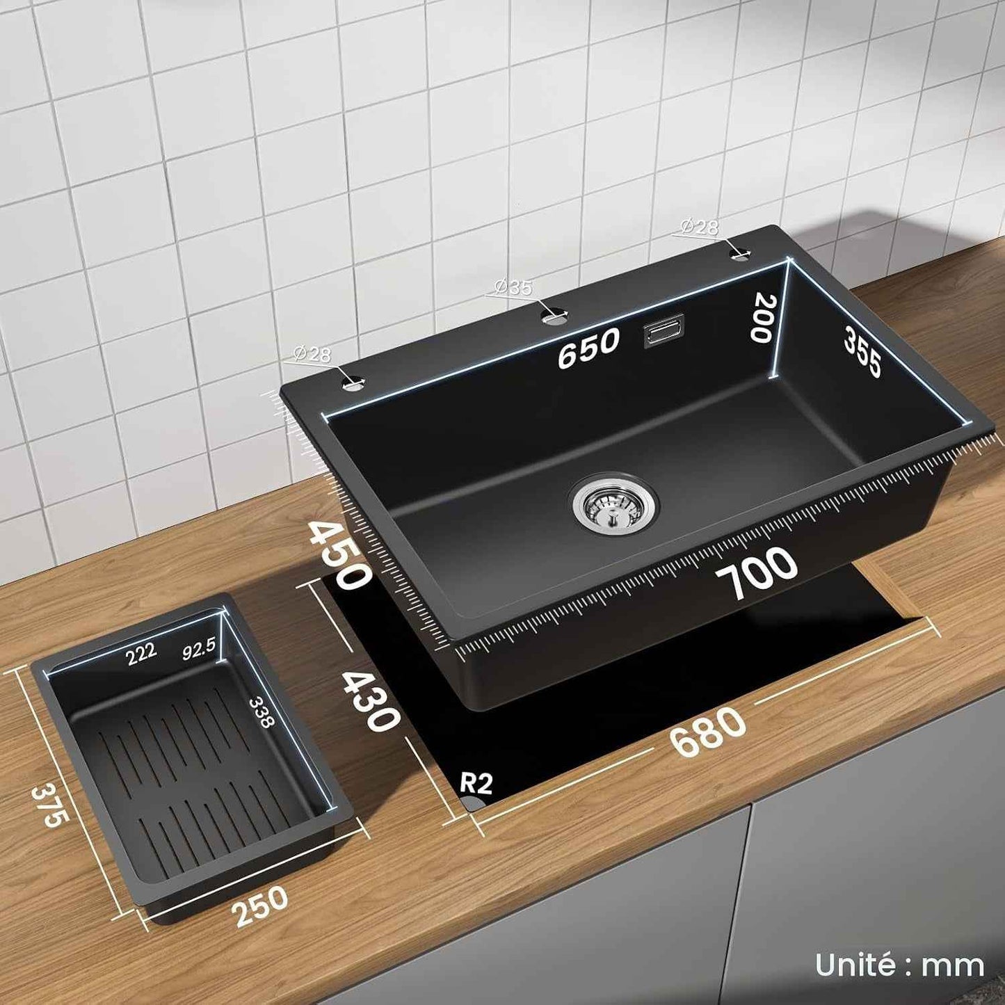 Évier De Cuisine Noir 70 X 45 X 20 Cm Avec Robinet Noir Extensible En Granit Avec Bonde Et Trop-Plein, 1 Bac Encastrable À Partir De 80 Cm De Largeur D'Armoire, Évier De Cuisine Avec Robinet