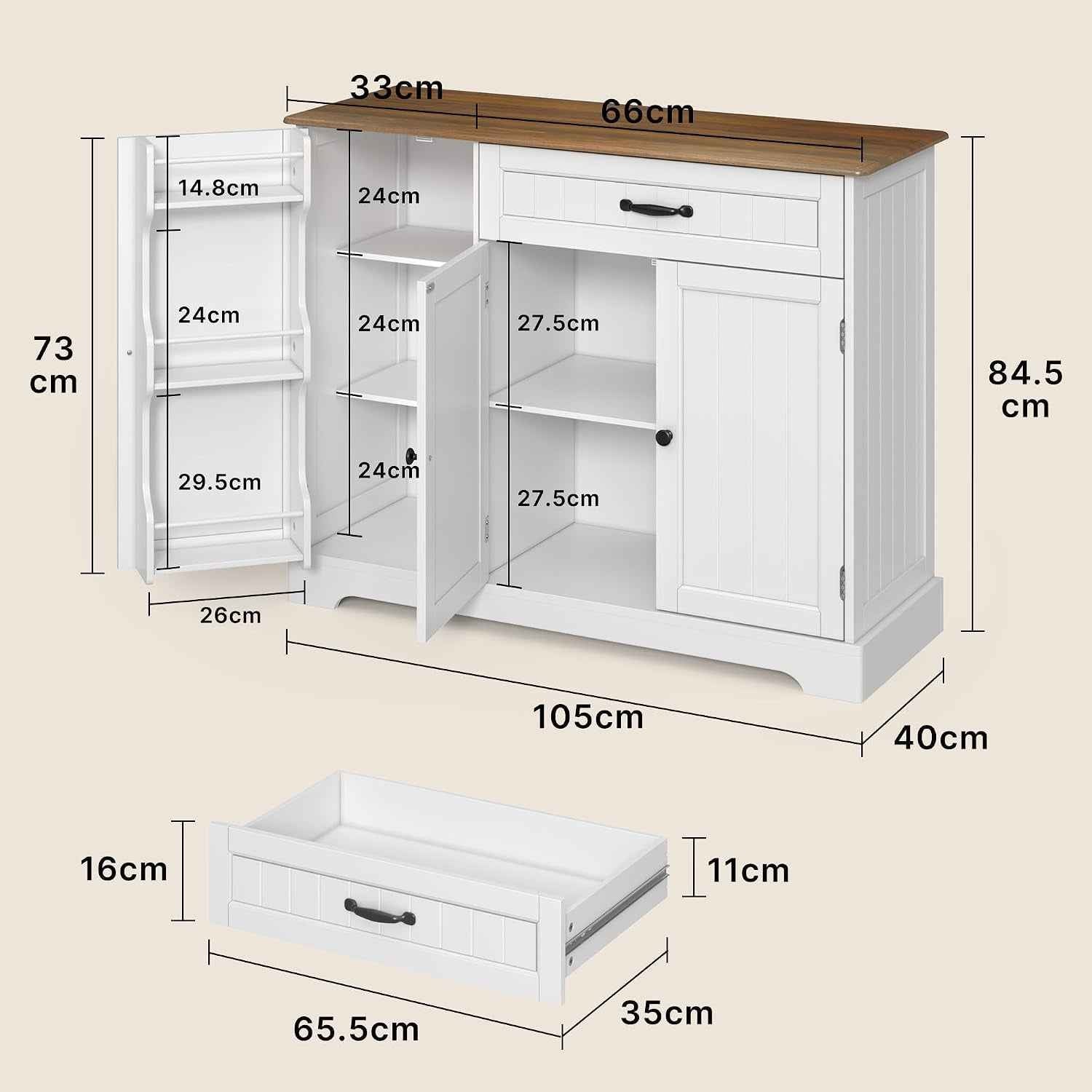 Buffet Avec 1 Tiroir, Étagère De Porte À 3 Niveaux Et Grand Espace De Rangement, Buffet Avec Dispositif Anti-Basculement Et Coins Arrondis, Pour Cuisine, Salon Ou Chambre À Coucher, Vintage