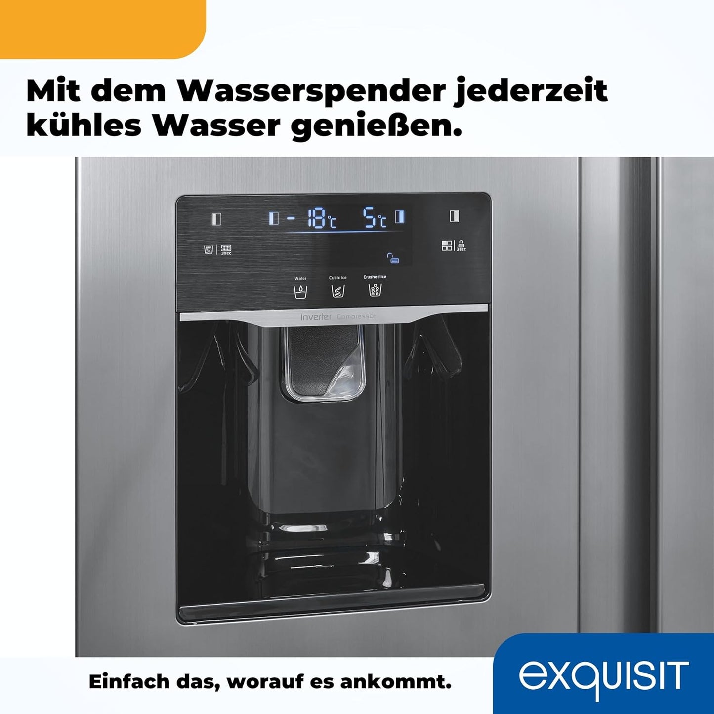 Exquisit SBS520-CF-040E Side by Side Kühlschrank, 91 Cm Breit, 475L, Nofrost, Ice-Maker, Festwasseranschluss, Inoxlook