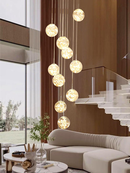 200CM Lustre Lampe Boule De Verre 10 LED, Pendentif Lumière LED D'Escalier, 50W Suspensions Long Étoilé Pendant Light, Plafonniers Modernes Pour Villas, Escaliers Et Salons