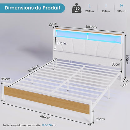 Lit 180X200 Avec Sommier Métal, Cadre De Lit 180X200 Cm Avec Lumières LED Et Multiprise (2 Prises AC, 2 Ports USB) Lit 2 Personnes Avec Tête De Lit Rembourrée Et Rangement, Moderne, Blanc