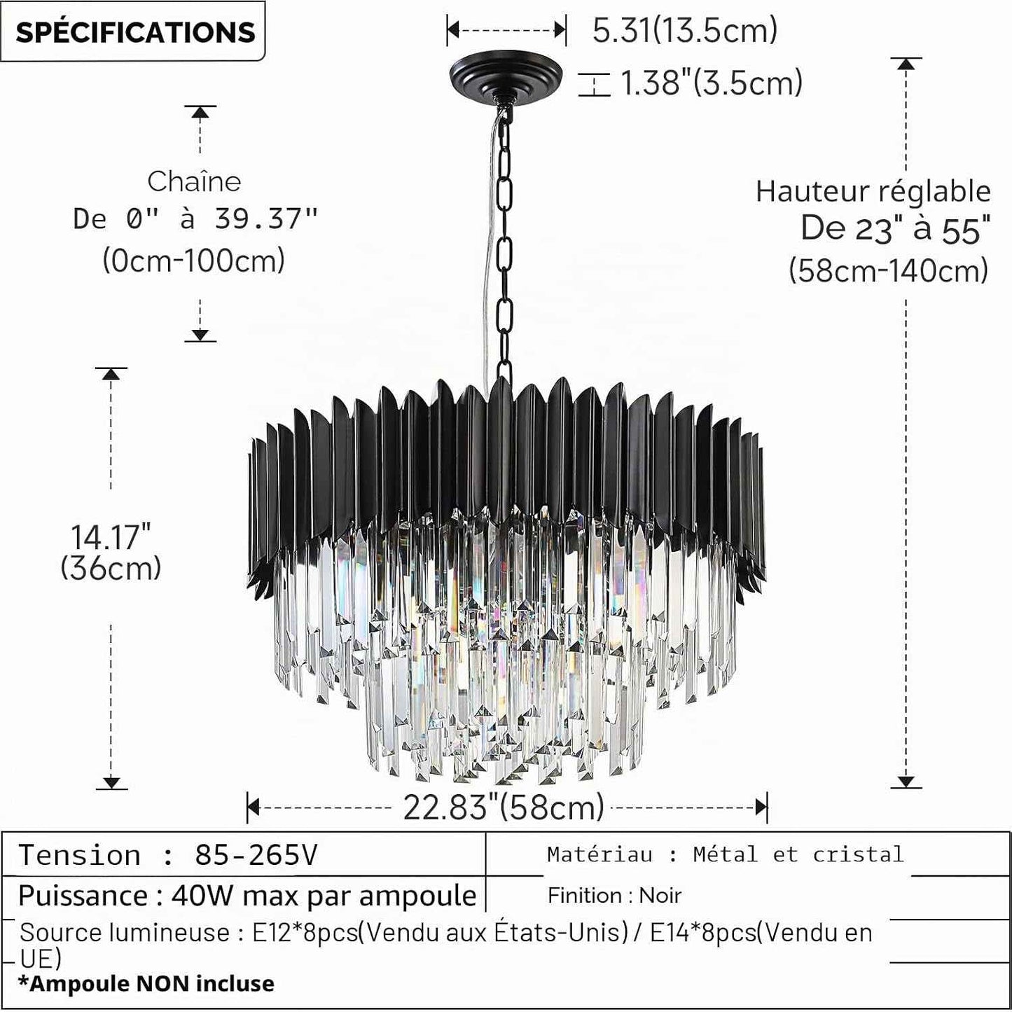 Moderne Lumière En Cristal De Luxe Suspendue, Lustre En Cristal Noir, 8Xe14 Raindrop Lustre Lumière Plafonnier Encastré Pour Salle À Manger, Φ60Cm