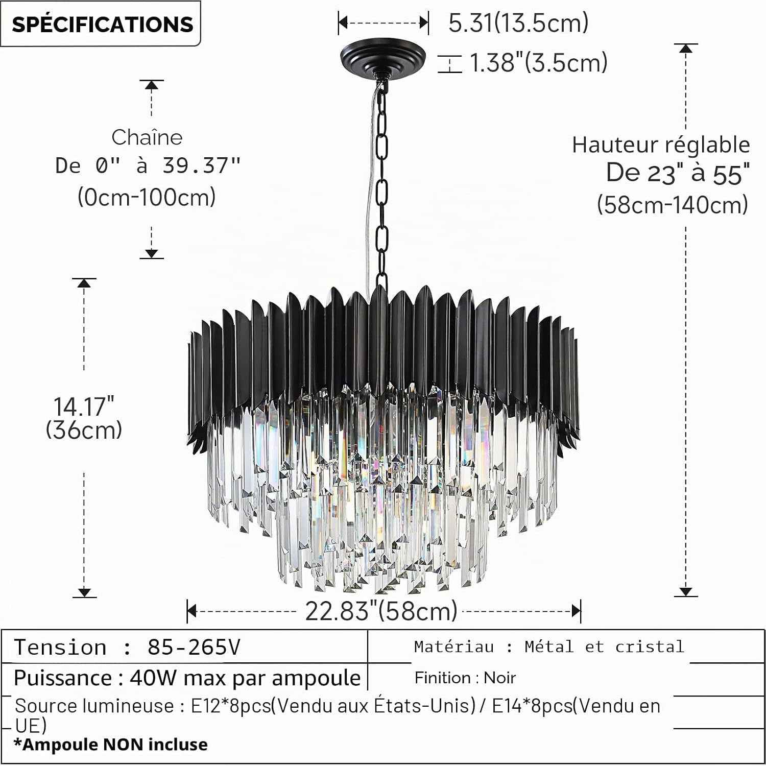 Moderne Lumière En Cristal De Luxe Suspendue, Lustre En Cristal Noir, 8Xe14 Raindrop Lustre Lumière Plafonnier Encastré Pour Salle À Manger, Φ60Cm