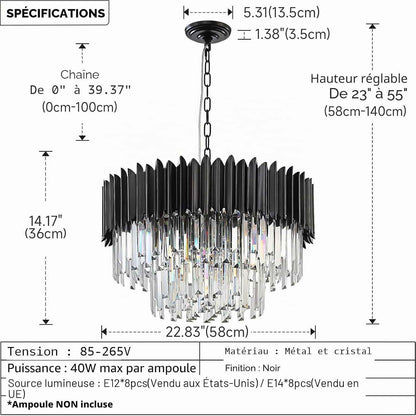 Moderne Lumière En Cristal De Luxe Suspendue, Lustre En Cristal Noir, 8Xe14 Raindrop Lustre Lumière Plafonnier Encastré Pour Salle À Manger, Φ60Cm